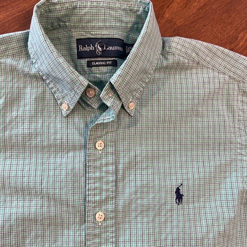 Ralph Lauren Mens Classic Fit Short Sleeve Plaid Button Down Shirt Green Small
